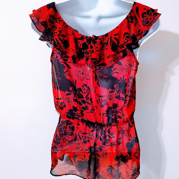 Women's Express Red and Black XS Sheer Top with Ruffled Sleeves with Belt Loops - Picture 3 of 7